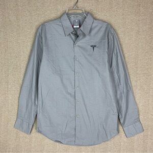 Tesla Shirt Medium Gray Button Up Long Sleeve Stretch Logo Business Office